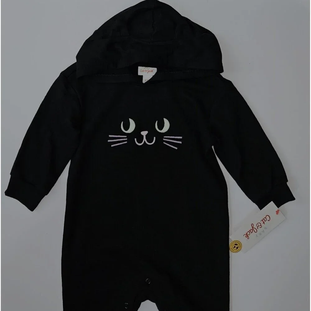 NEW Black Cat Halloween Outfit Baby 6-9 Months Hooded PINK FACE Cat & Jack
